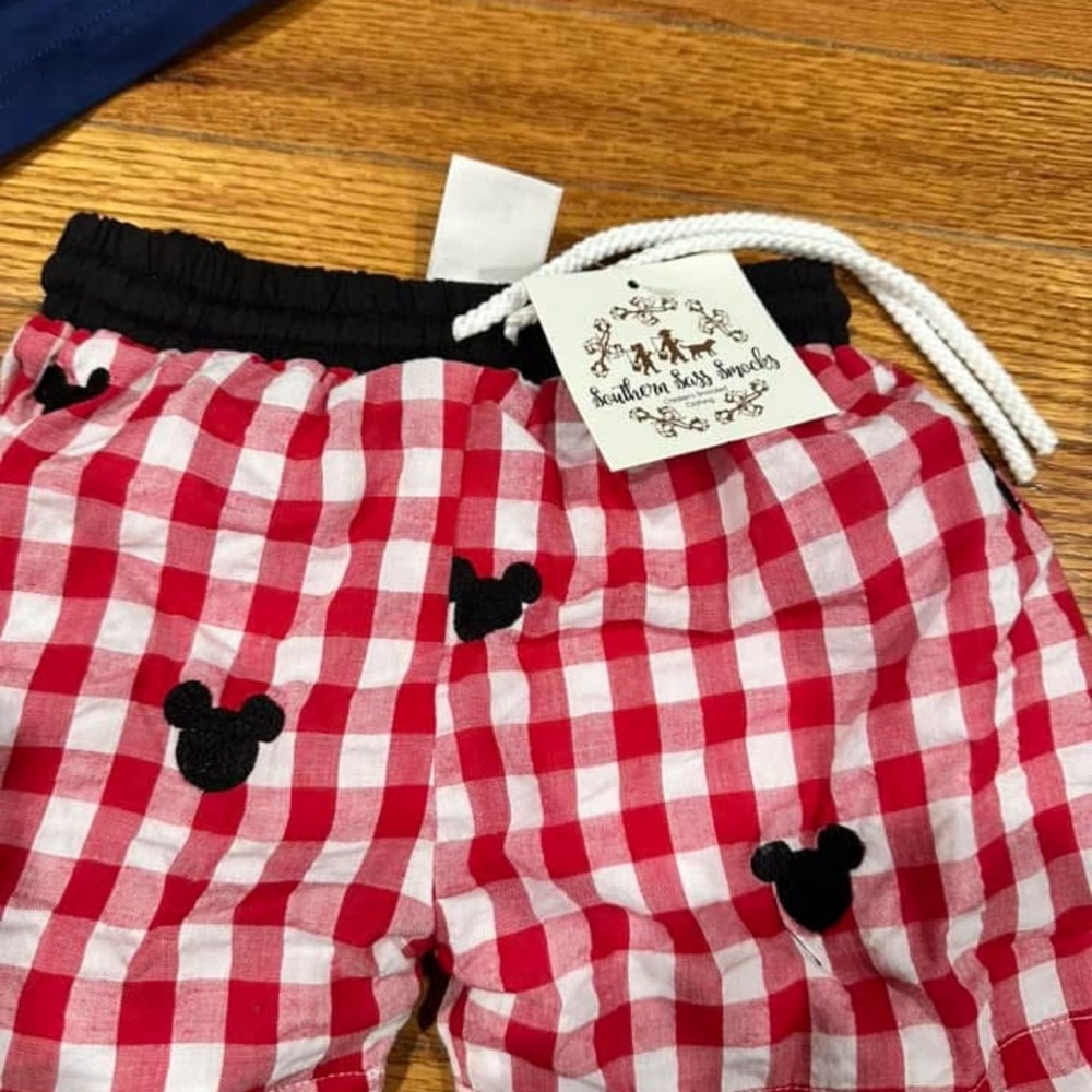 Red and White Checkered Shorts with Black Mickey Mouse Design